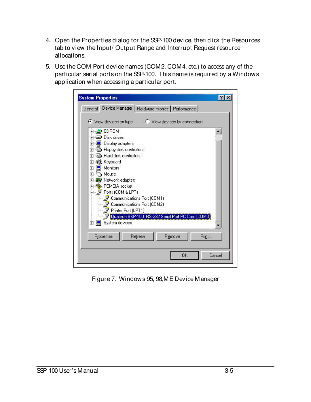 Quatech user manual Windows 95, 98,ME Device Manager SSP-100 User’s Manual 