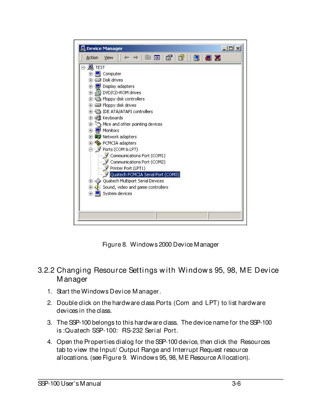 Quatech SSP-100 user manual Windows 2000 Device Manager 