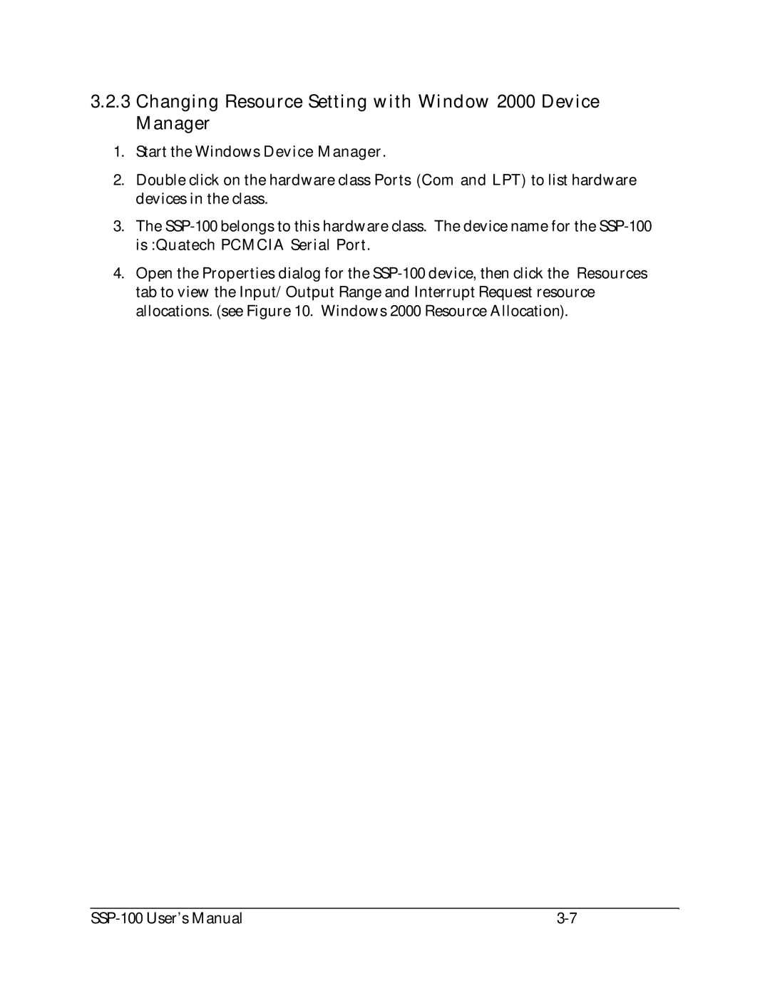 Quatech SSP-100 user manual Changing Resource Setting with Window 2000 Device Manager 