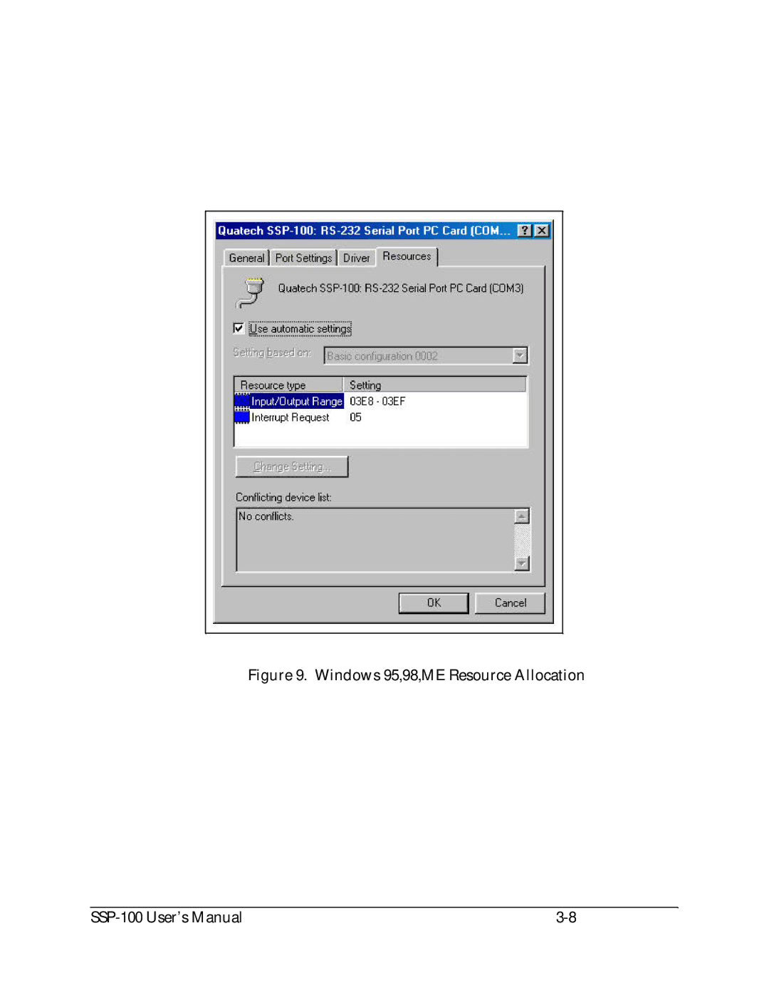 Quatech user manual Windows 95,98,ME Resource Allocation SSP-100 User’s Manual 