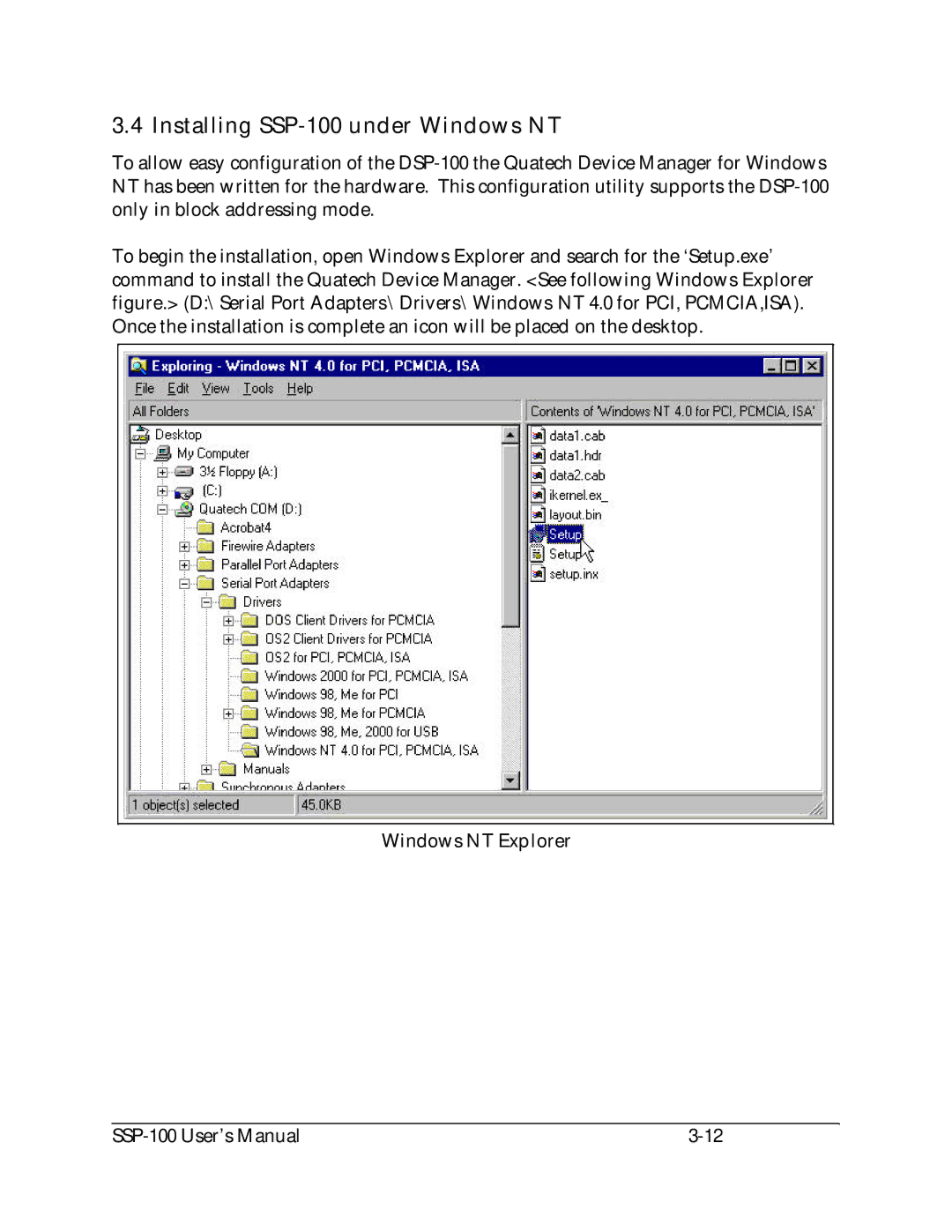 Quatech user manual Installing SSP-100 under Windows NT 