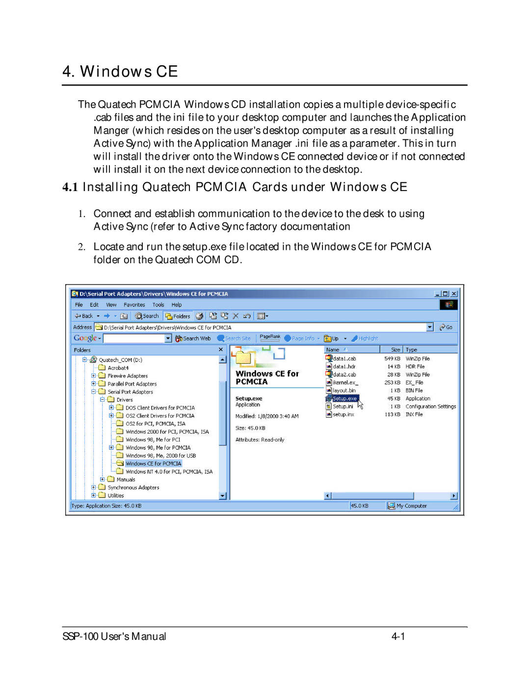 Quatech SSP-100 user manual Installing Quatech Pcmcia Cards under Windows CE 