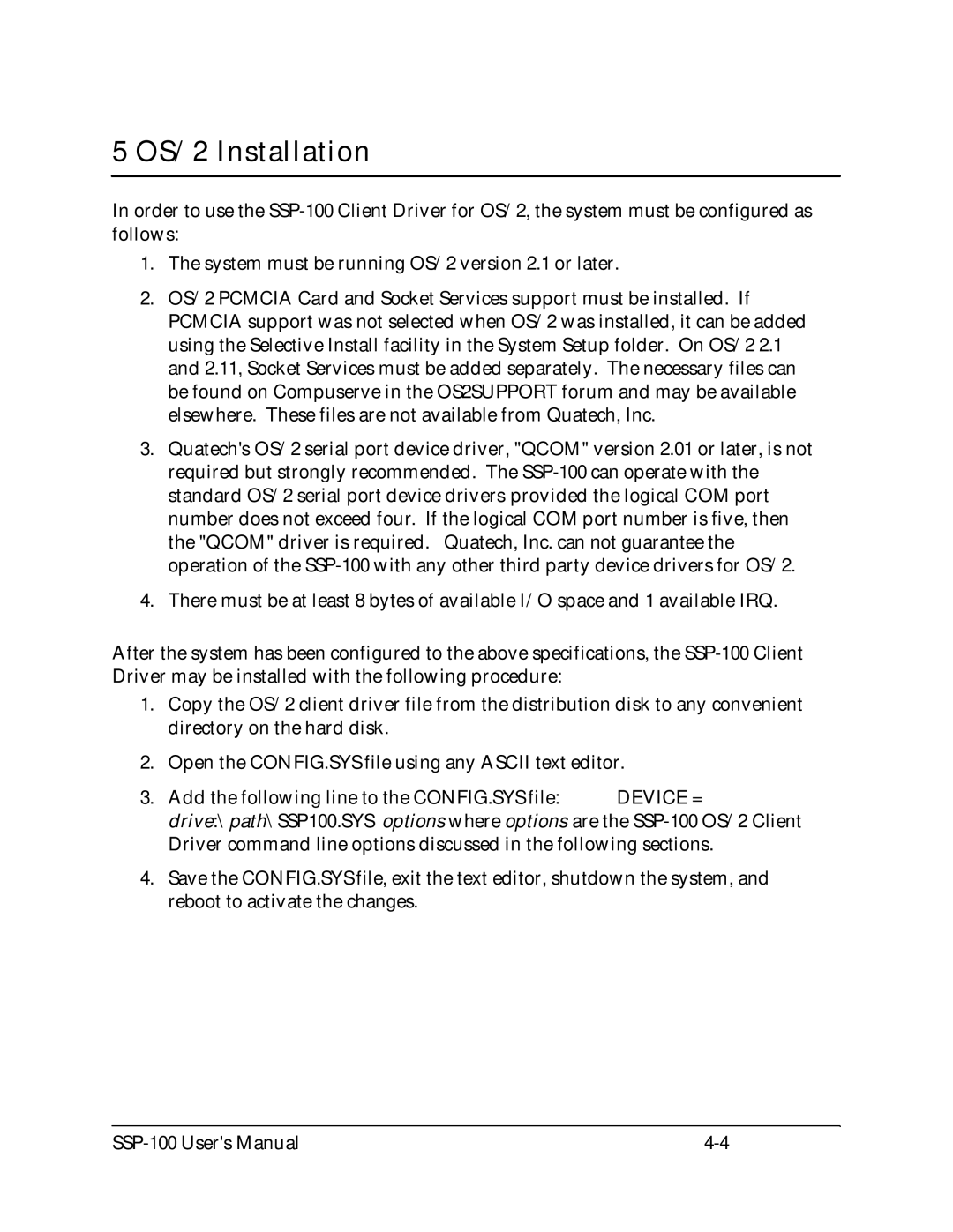 Quatech SSP-100 user manual OS/2 Installation 