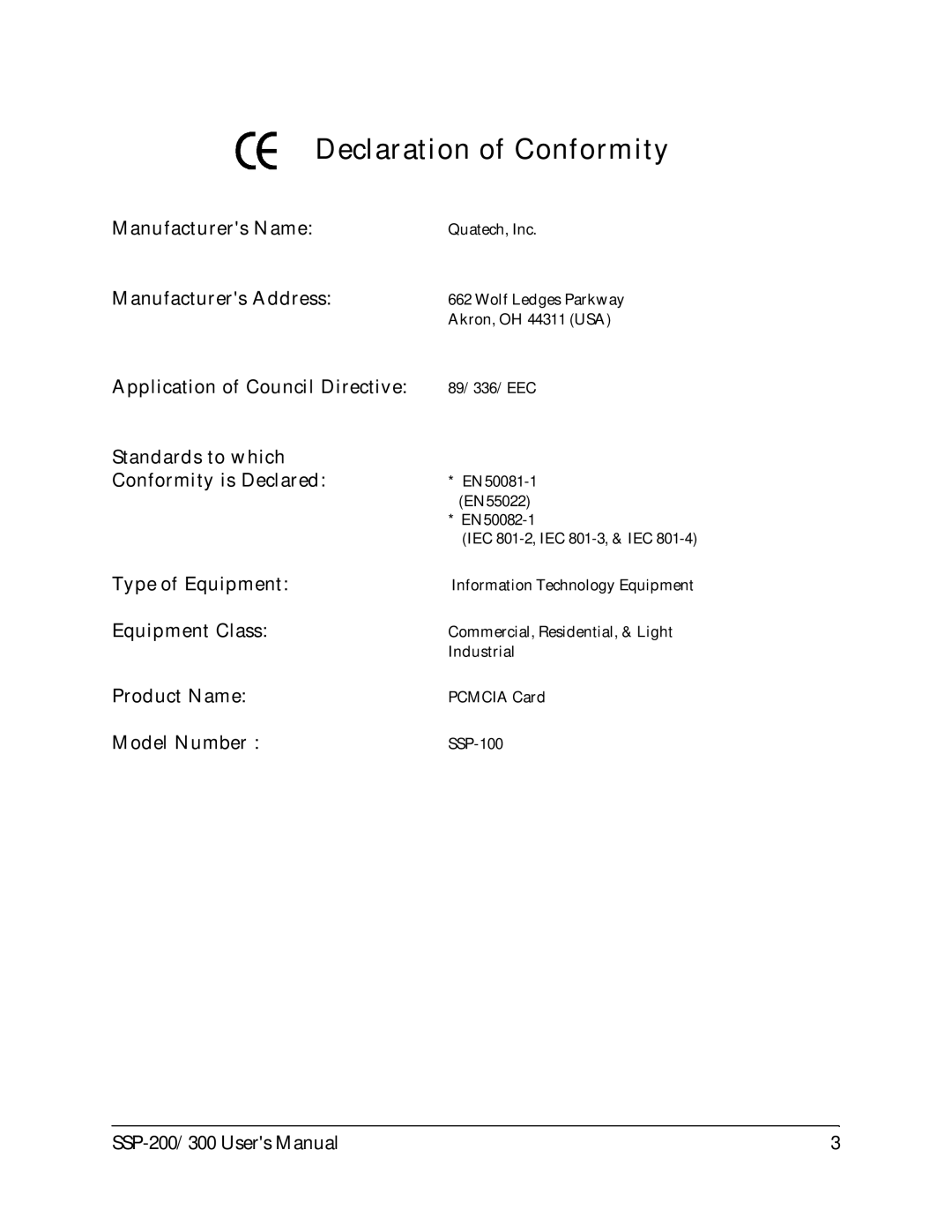 Quatech SSP-100 user manual Declaration of Conformity 