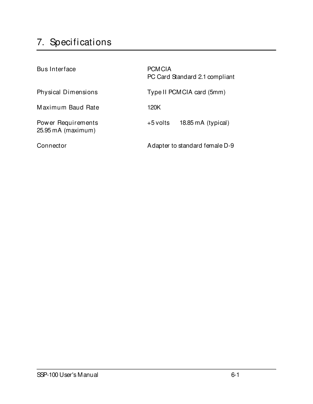 Quatech SSP-100 user manual Specifications 