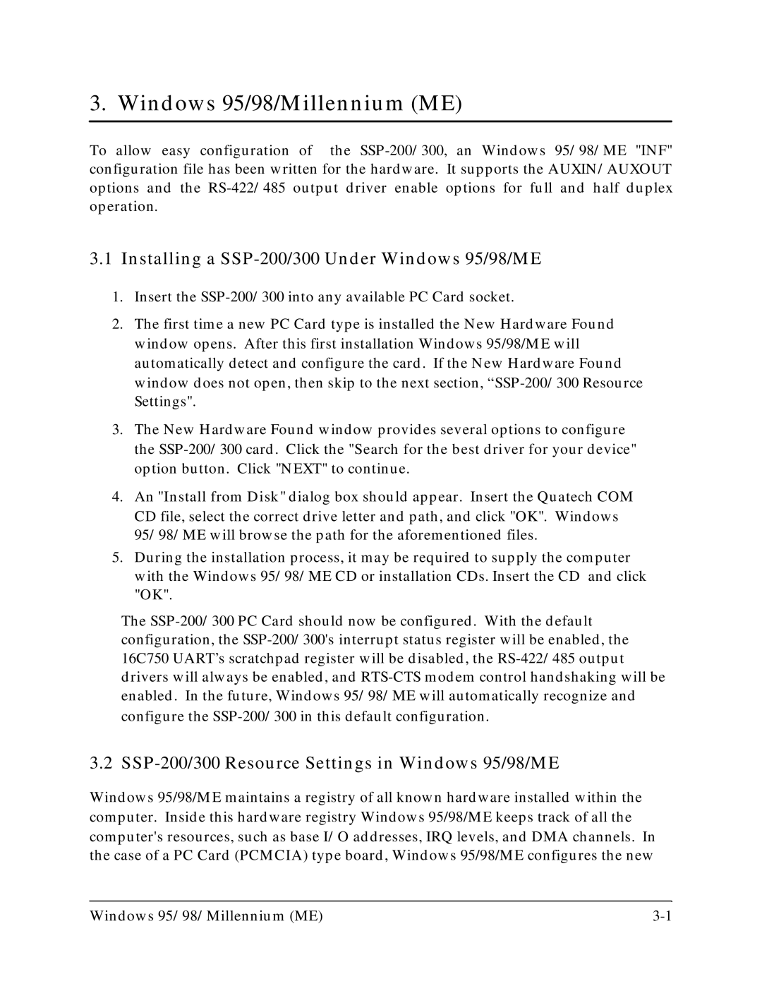 Quatech SSP-300 user manual Windows 95/98/Millennium ME, Installing a SSP-200/300 Under Windows 95/98/ME 