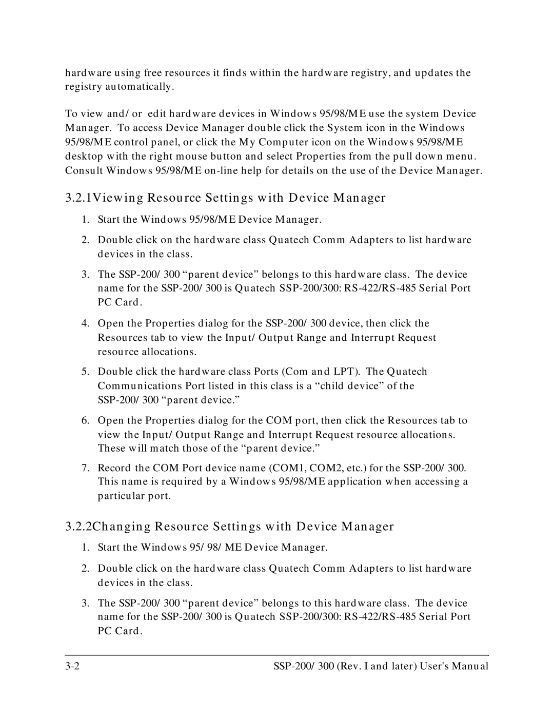 Quatech SSP-200 1Viewing Resource Settings with Device Manager, 2Changing Resource Settings with Device Manager, PC Card 