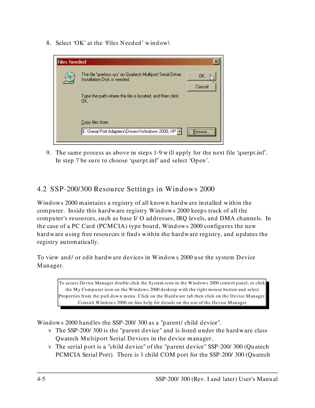 Quatech SSP-300 user manual SSP-200/300 Resource Settings in Windows, Manager 