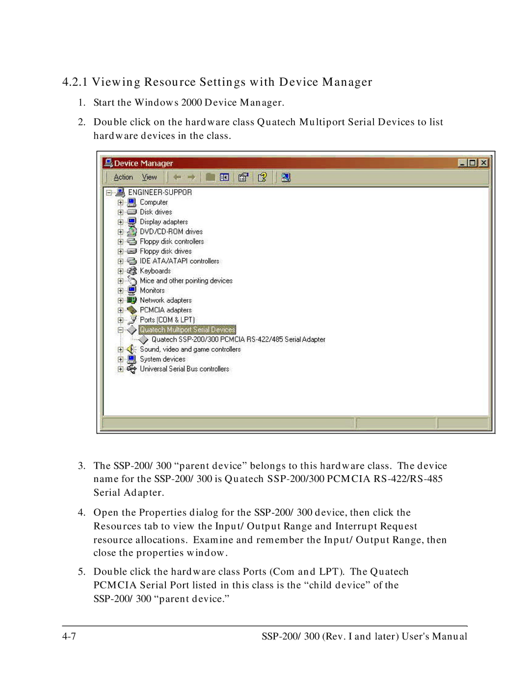 Quatech SSP-200, SSP-300 user manual Viewing Resource Settings with Device Manager 