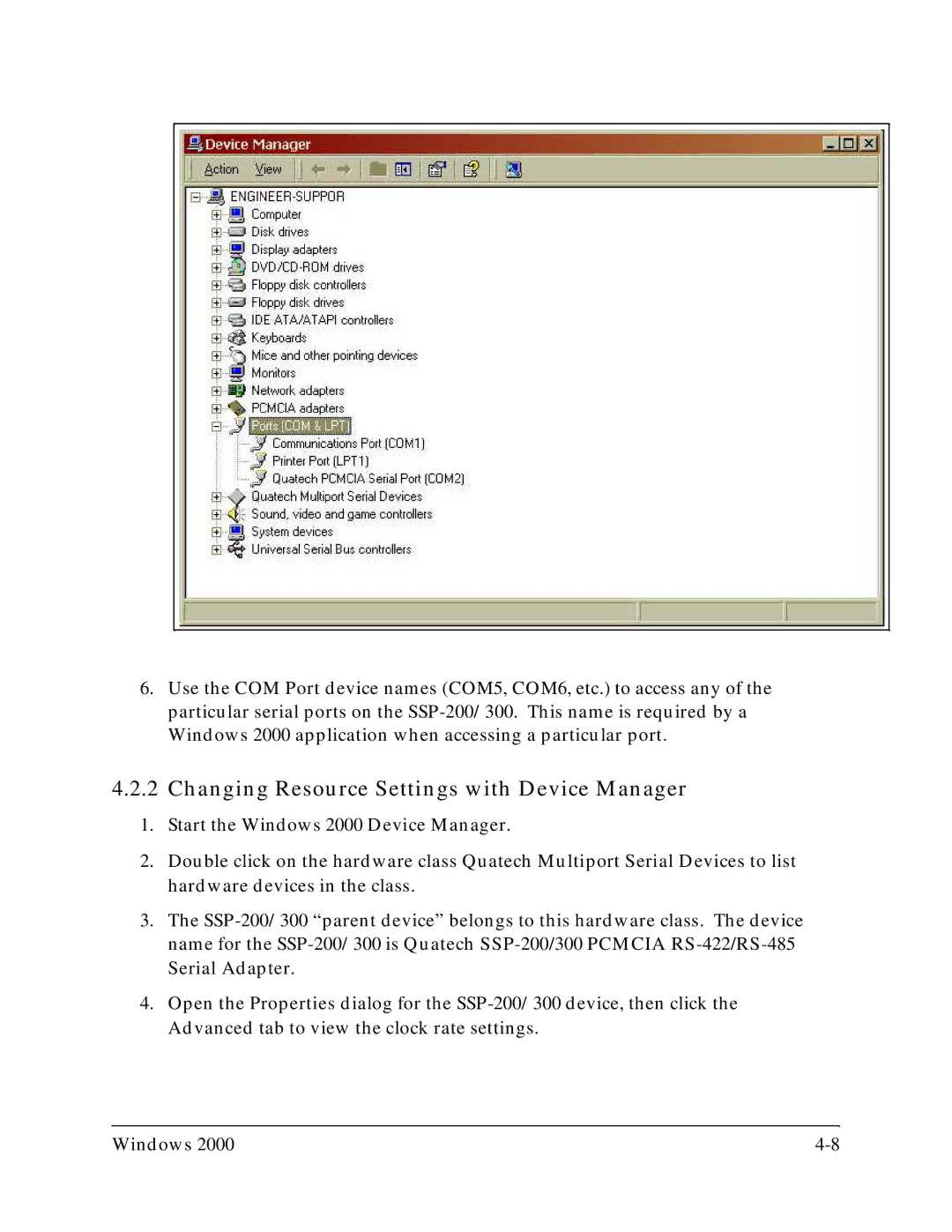 Quatech SSP-300, SSP-200 user manual Changing Resource Settings with Device Manager 