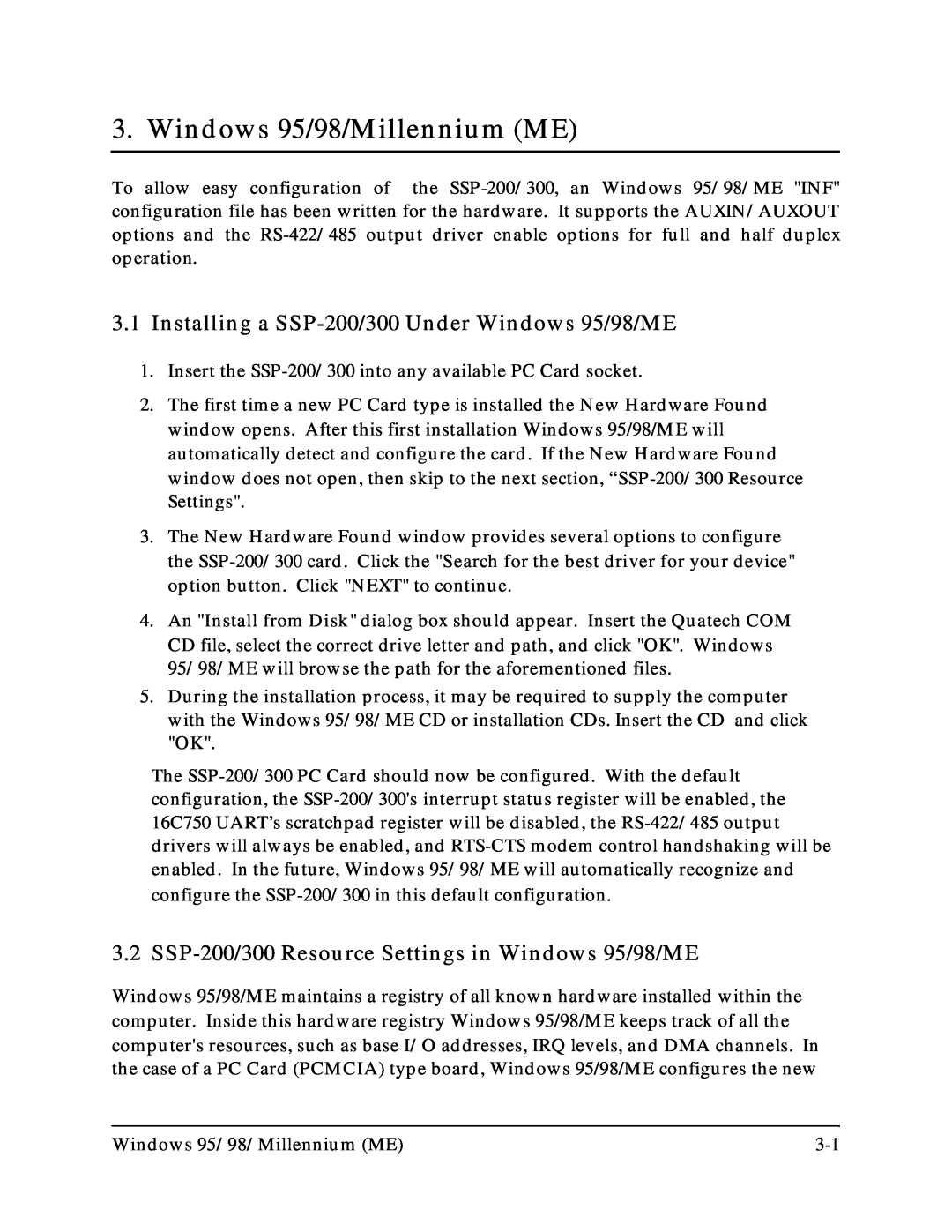 Quatech SSP-300 user manual Windows 95/98/Millennium ME, Installing a SSP-200/300 Under Windows 95/98/ME 