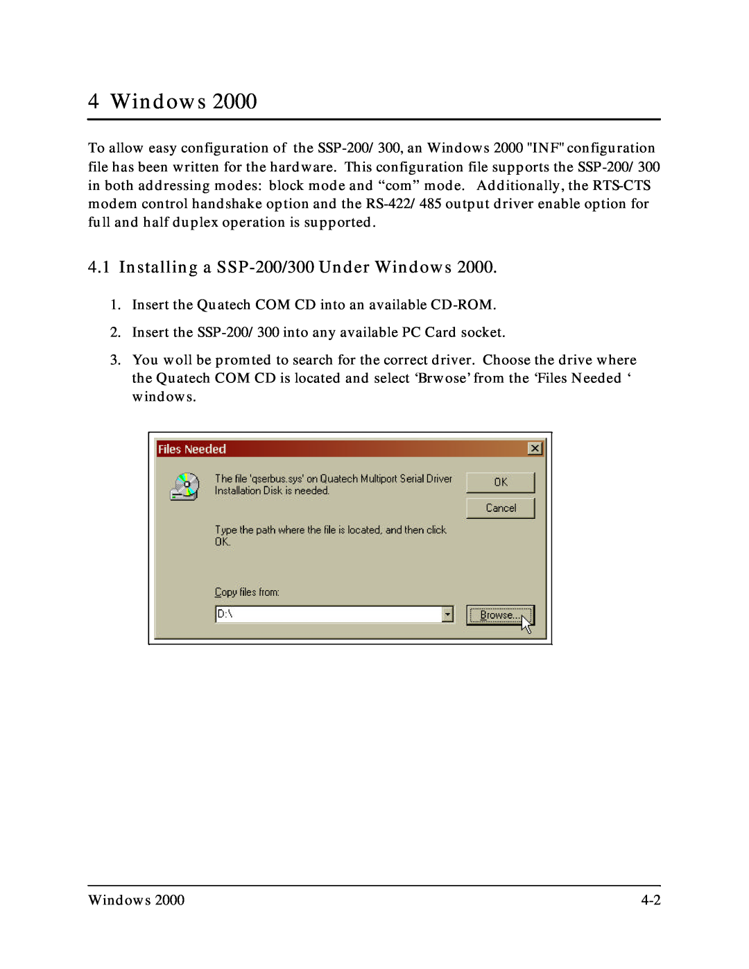 Quatech SSP-300 user manual Installing a SSP-200/300 Under Windows 