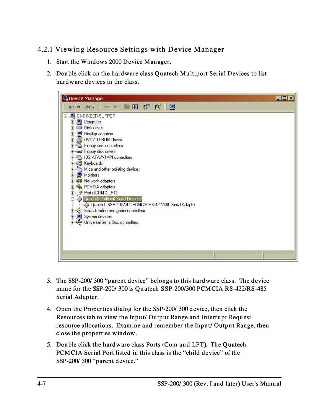 Quatech SSP-200, SSP-300 user manual Viewing Resource Settings with Device Manager 