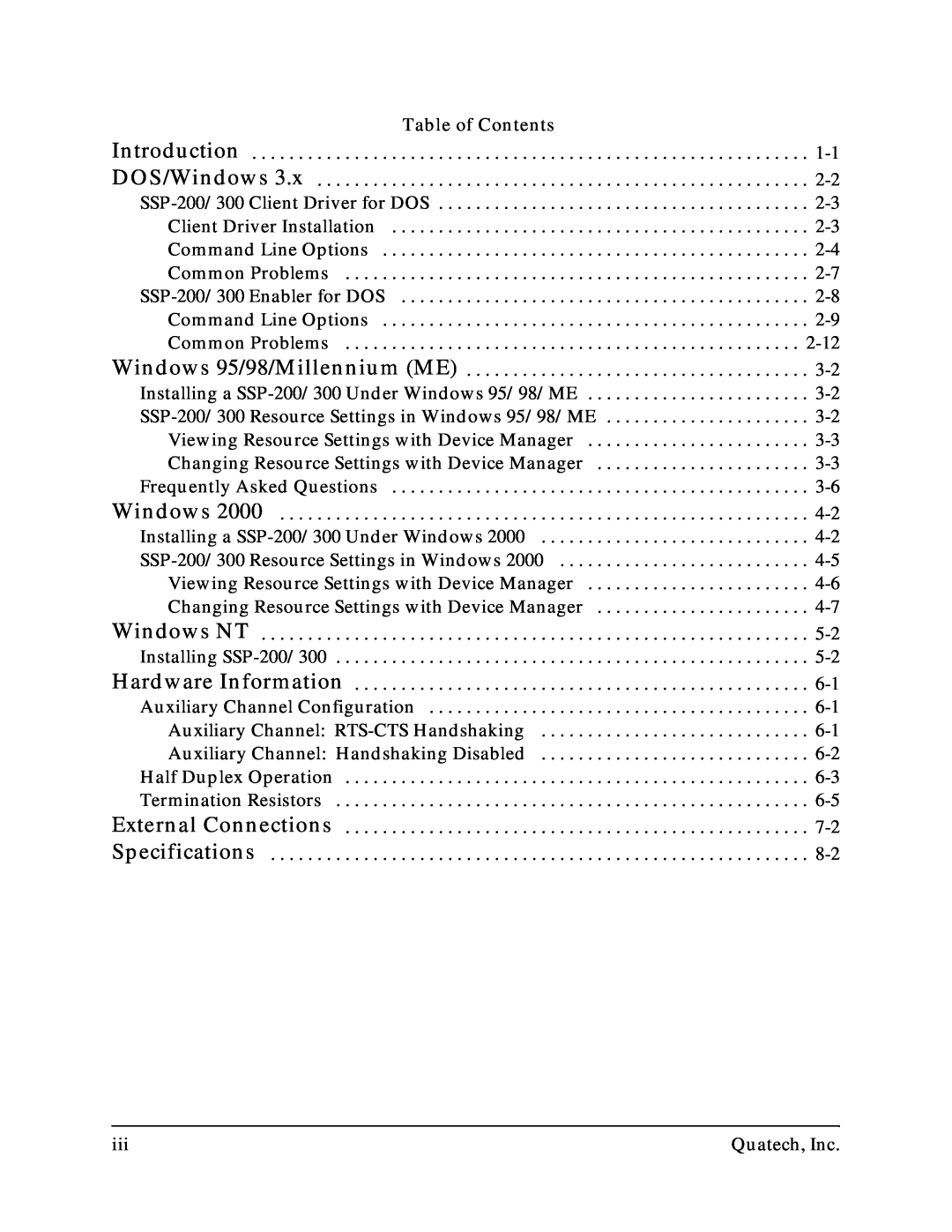 Quatech SSP-200, SSP-300 user manual Table of Contents 