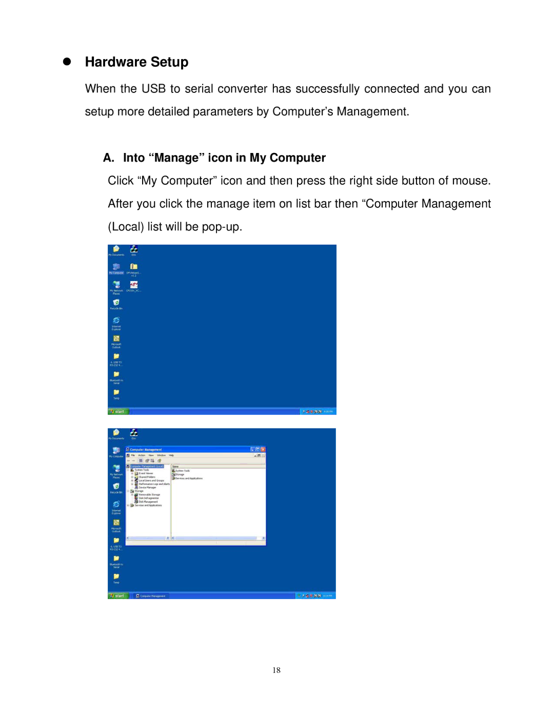 Quatech SSU2-400I operation manual Hardware Setup, Into Manage icon in My Computer 