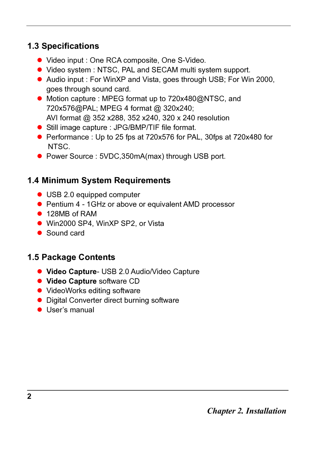 Quatech USB 2.0 user manual Specifications, Minimum System Requirements, Package Contents 