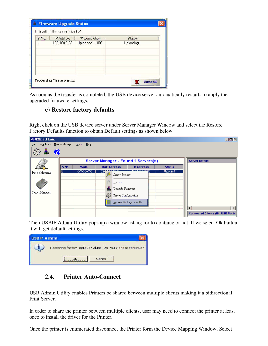 Quatech USBN-500 user manual Restore factory defaults, Printer Auto-Connect 