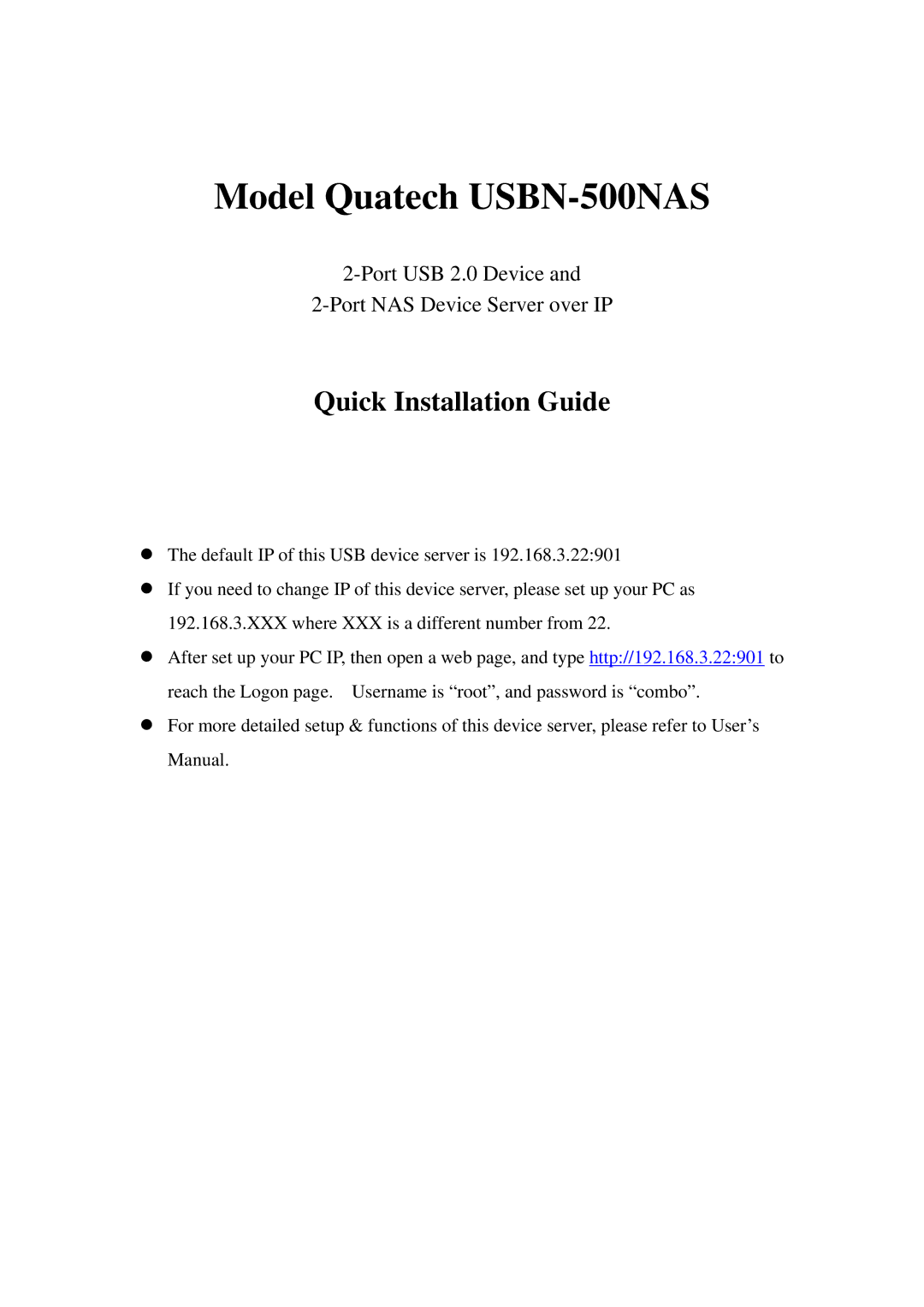 Quatech user manual Model Quatech USBN-500NAS, Quick Installation Guide 