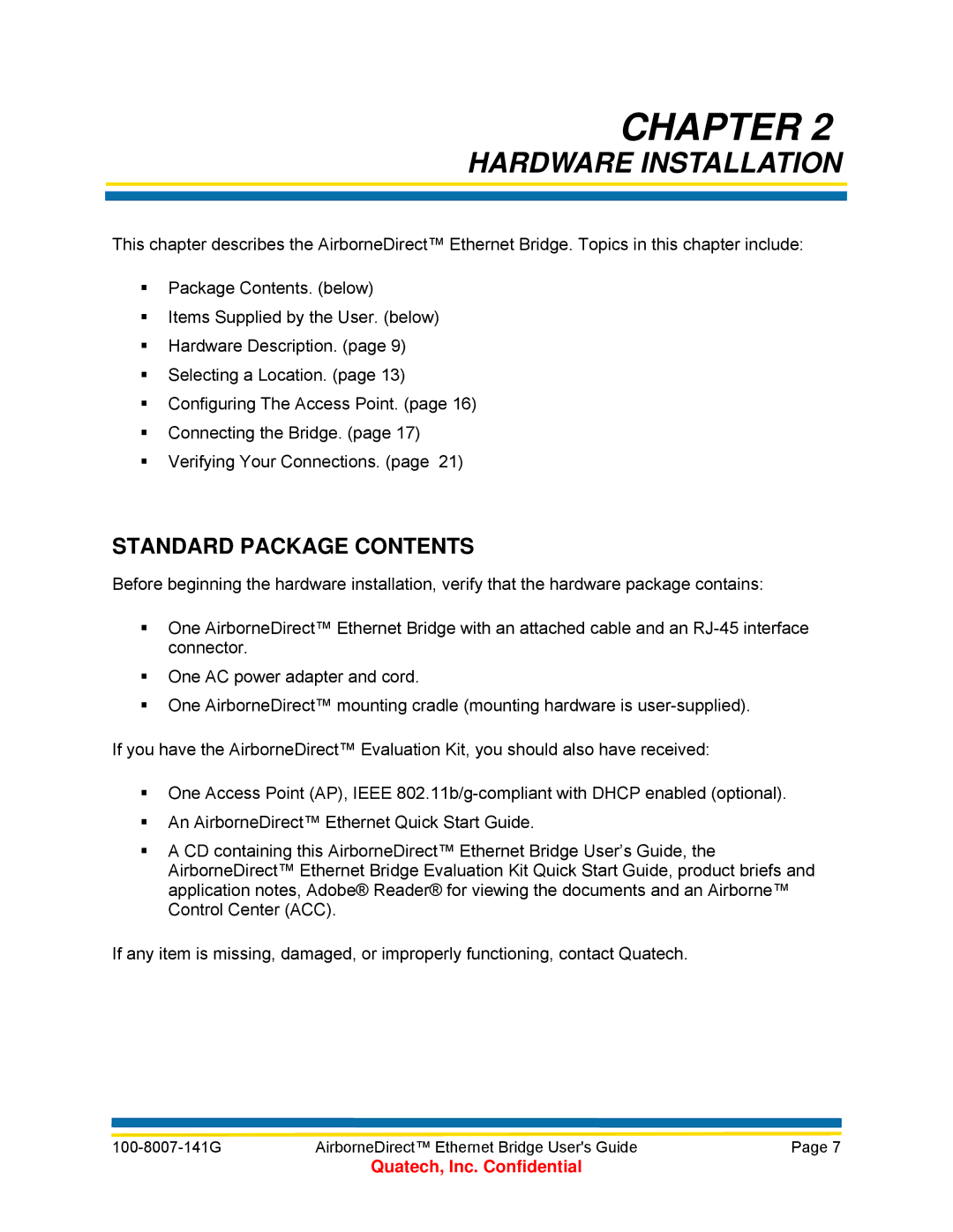 Quatech ABDG-ET Series, WLNG-ET Series, T802.11b/g, ABDB-ET Series manual Hardware Installation, Standard Package Contents 