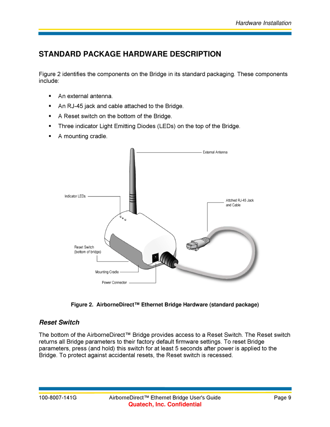 Quatech WLNG-ET Series, T802.11b/g, ABDB-ET Series, ABDG-ET Series manual Standard Package Hardware Description, Reset Switch 