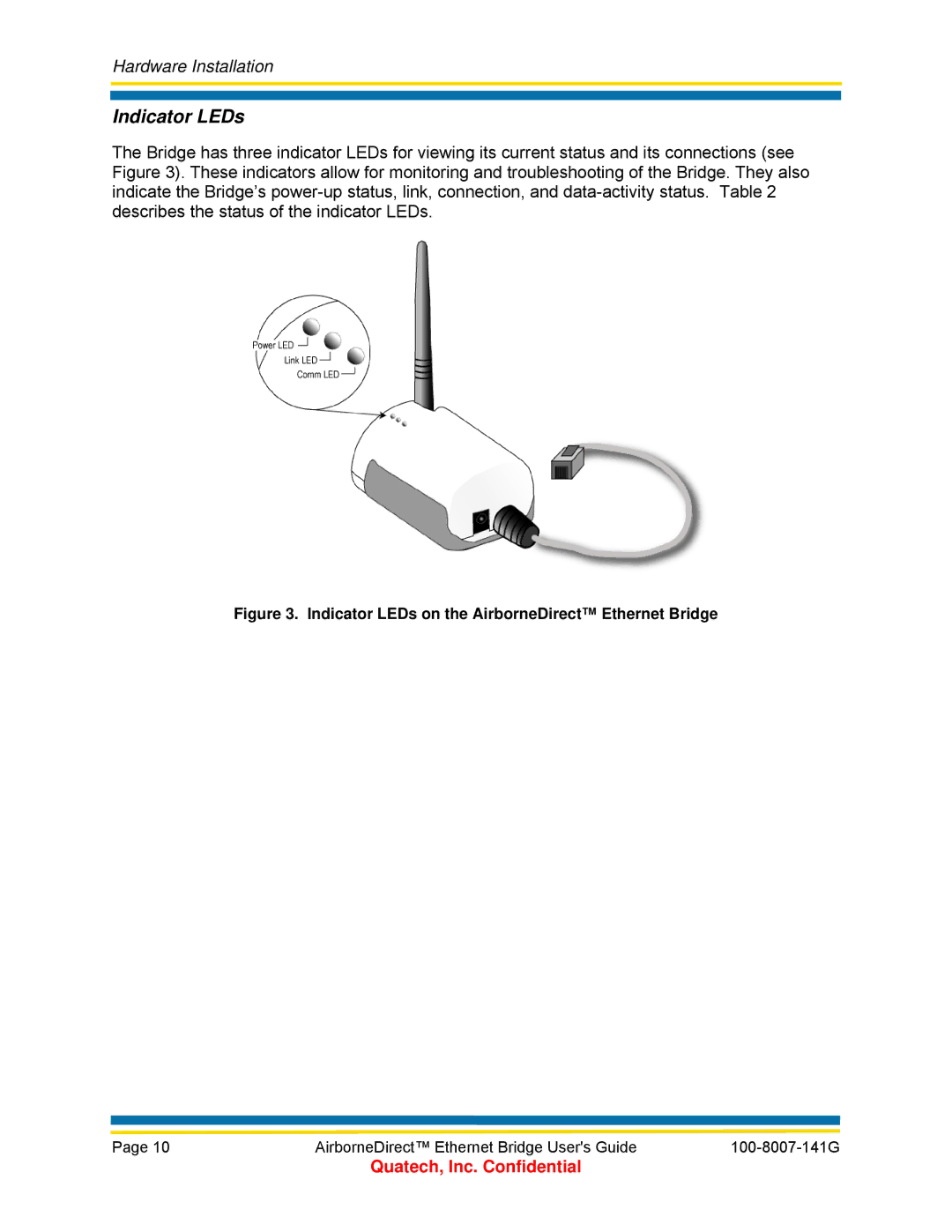 Quatech T802.11b/g, WLNG-ET Series, ABDB-ET Series, ABDG-ET Series Indicator LEDs on the AirborneDirect Ethernet Bridge 