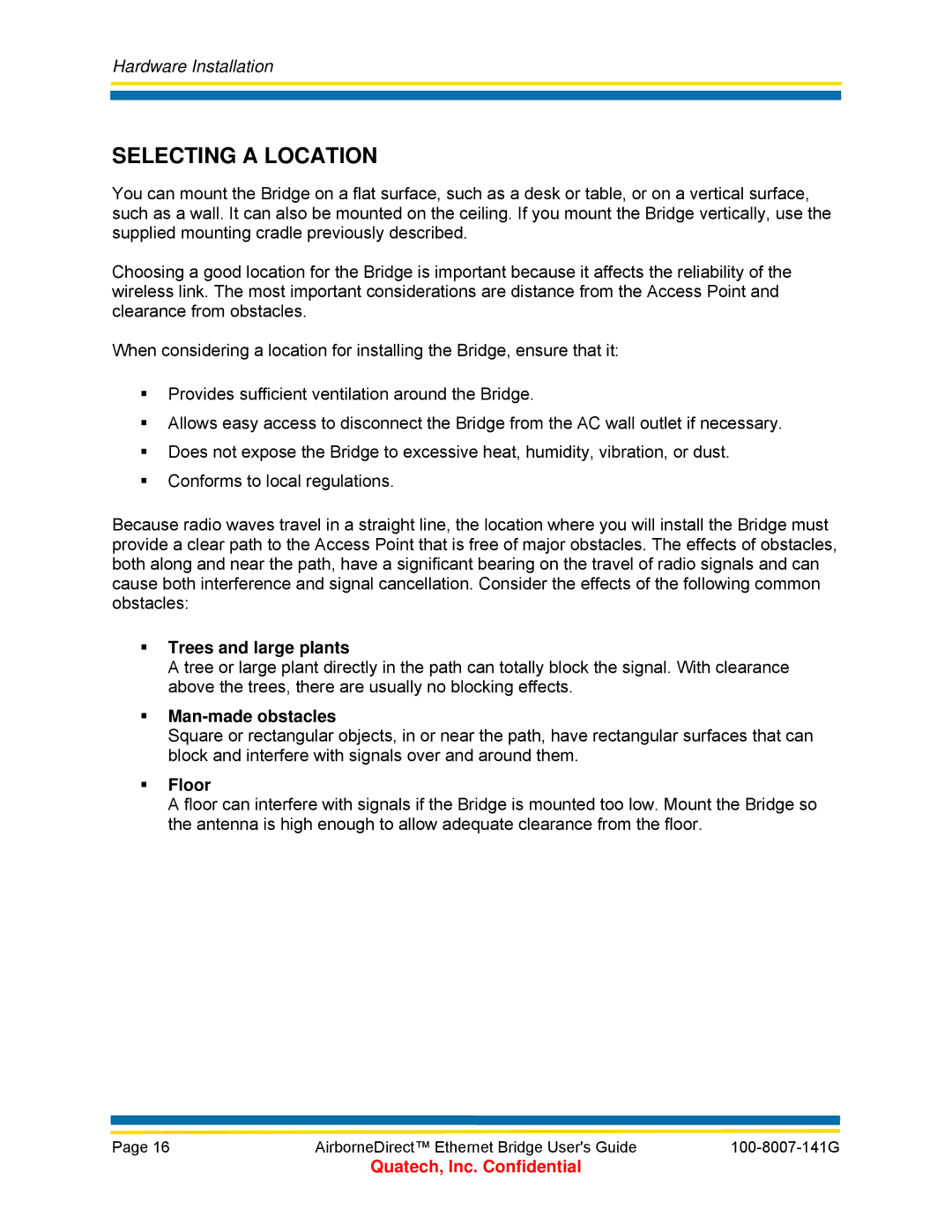 Quatech ABDB-ET Series, WLNG-ET Series manual Selecting a Location, ƒ Trees and large plants, ƒ Man-made obstacles, ƒ Floor 