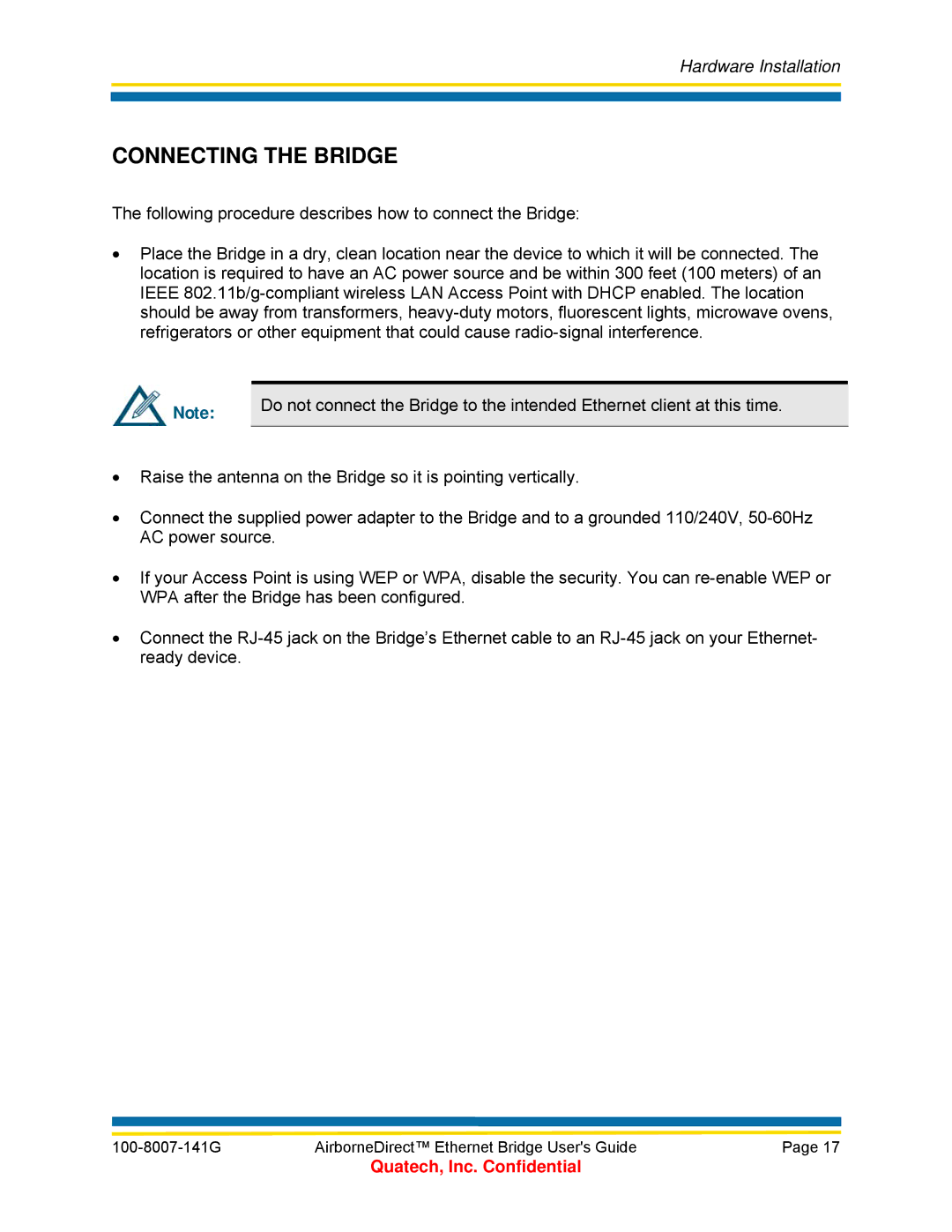 Quatech ABDG-ET Series, WLNG-ET Series, T802.11b/g, ABDB-ET Series, WLNB-ET Series manual Connecting the Bridge 