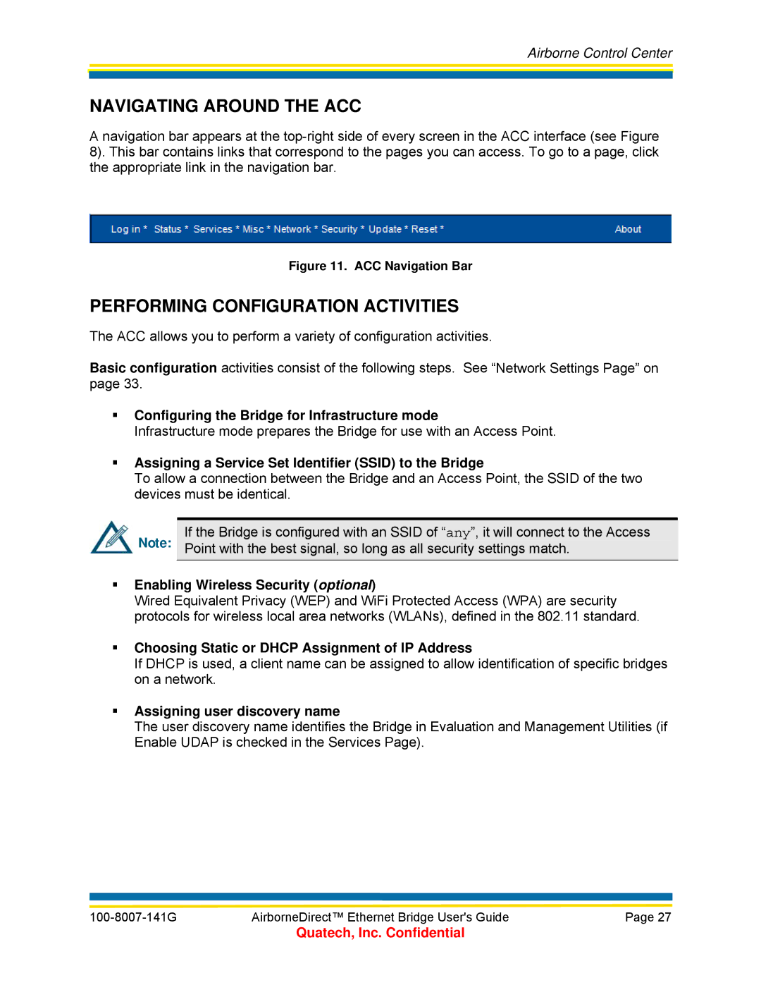 Quatech ABDG-ET Series, WLNG-ET Series, T802.11b/g manual Navigating around the ACC, Performing Configuration Activities 