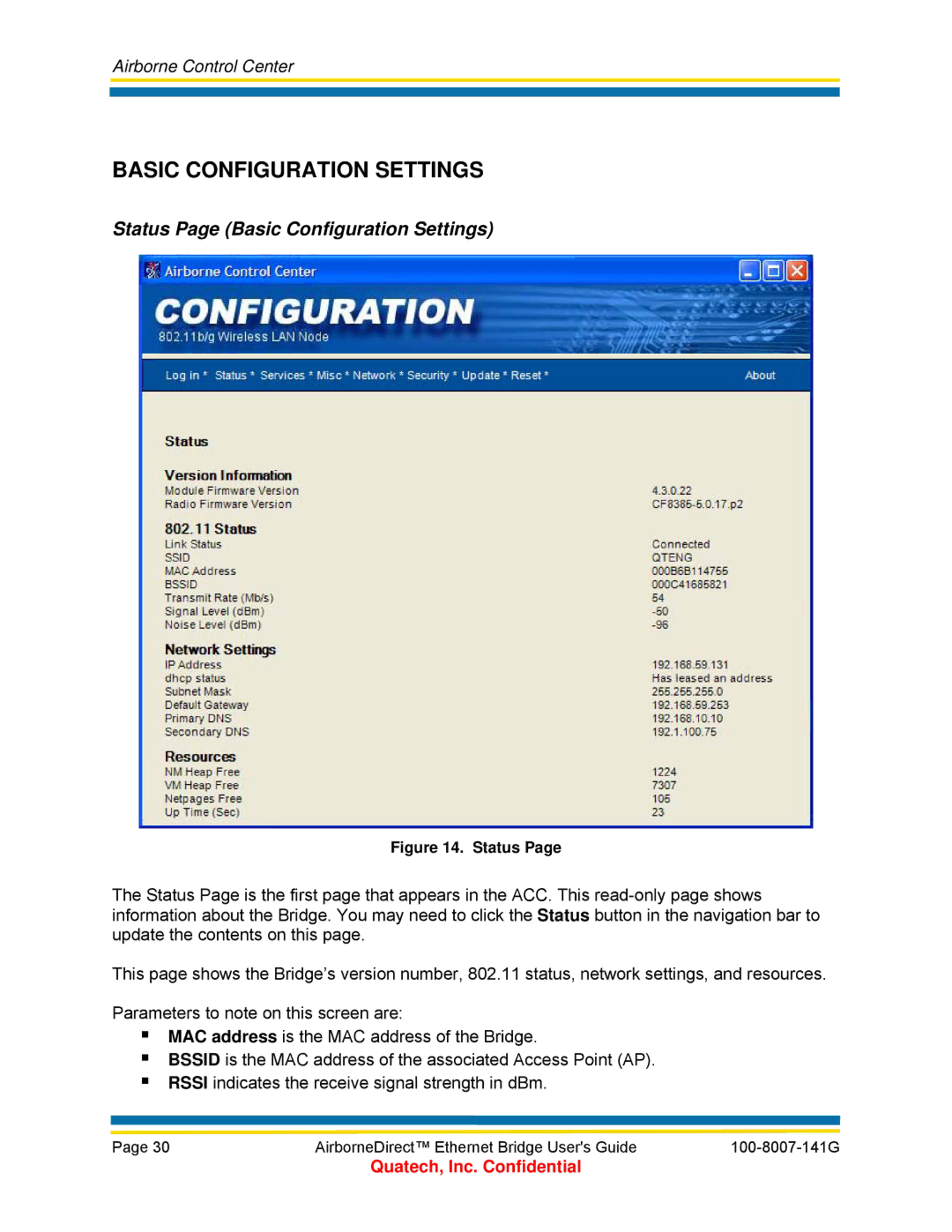 Quatech T802.11b/g, WLNG-ET Series, ABDB-ET Series, ABDG-ET Series manual Status Page Basic Configuration Settings 