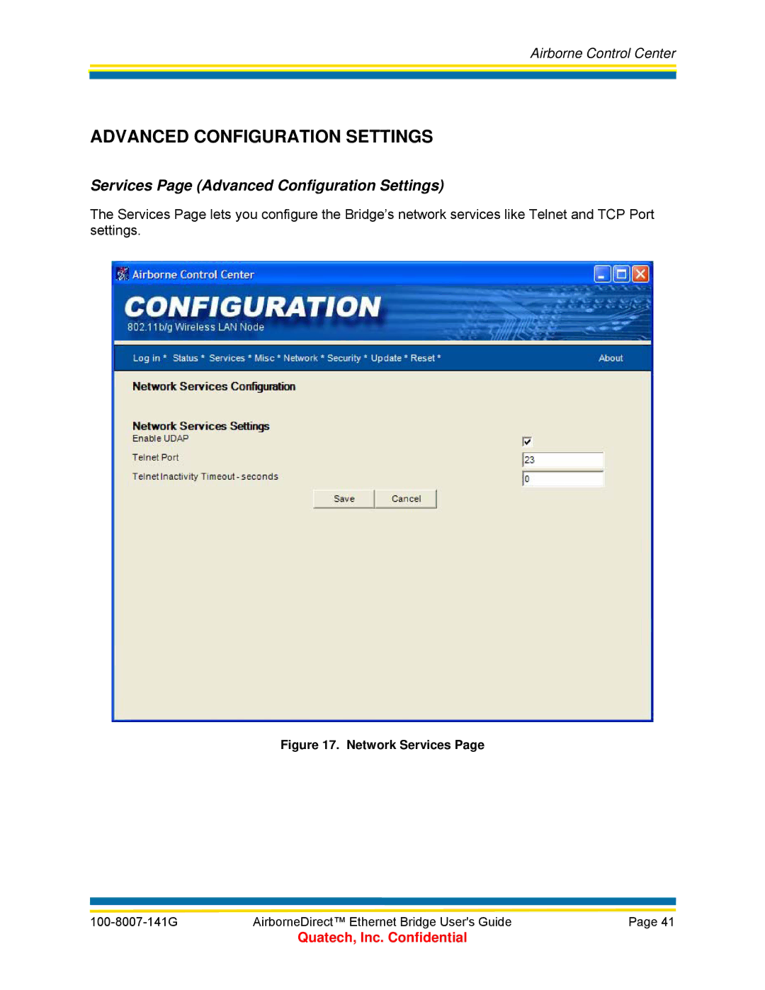 Quatech ABDB-ET Series, WLNG-ET Series, T802.11b/g, ABDG-ET Series manual Services Page Advanced Configuration Settings 