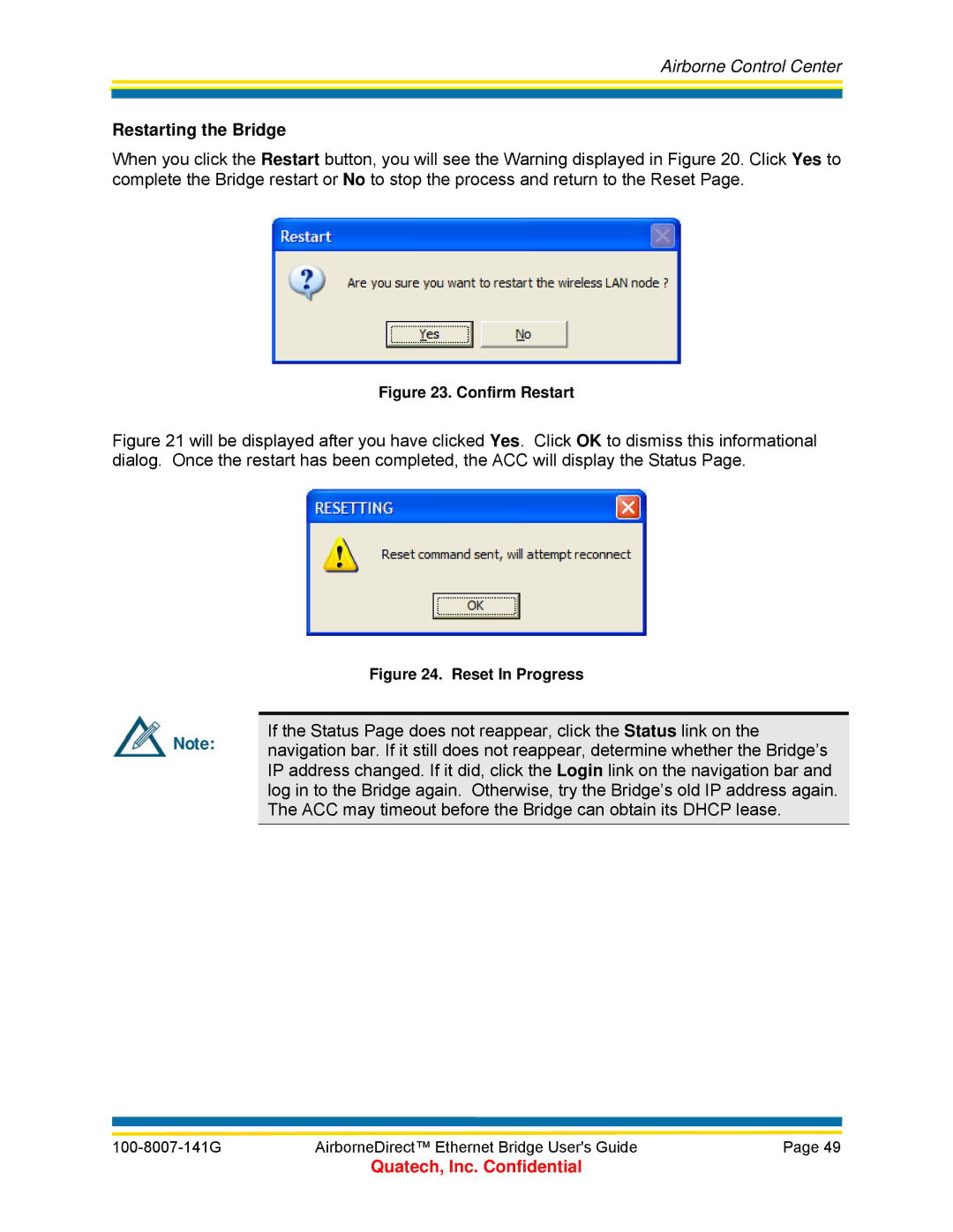 Quatech WLNG-ET Series, T802.11b/g, ABDB-ET Series, ABDG-ET Series, WLNB-ET Series Restarting the Bridge, Confirm Restart 