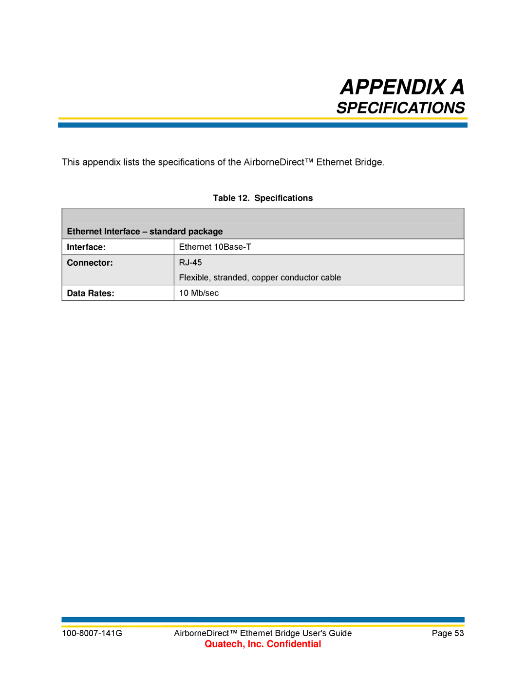 Quatech WLNB-ET Series, WLNG-ET Series, T802.11b/g, ABDB-ET Series, ABDG-ET Series manual Appendix a, Specifications 