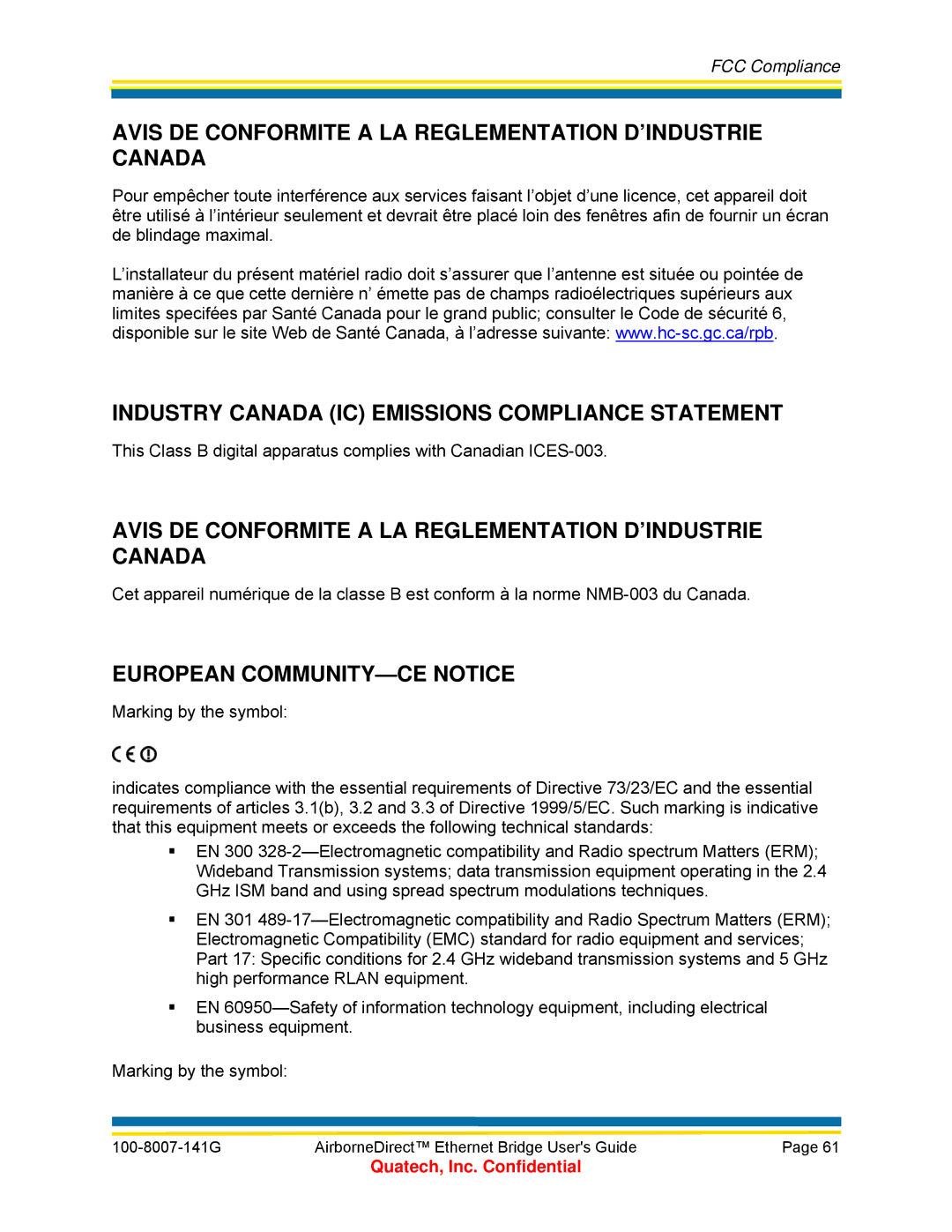 Quatech ABDB-ET Series, T802.11b/g Avis DE Conformite a LA Reglementation D’INDUSTRIE Canada, European COMMUNITY-CE Notice 