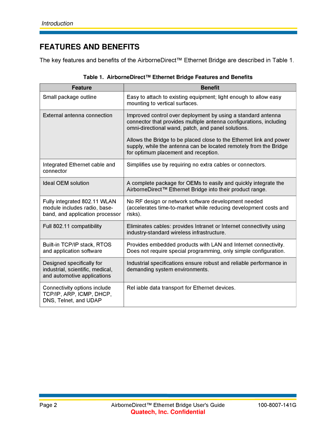 Quatech ABDG-ET Series, WLNG-ET Series manual Features and Benefitst, AirborneDirect Ethernet Bridge Features and Benefits 