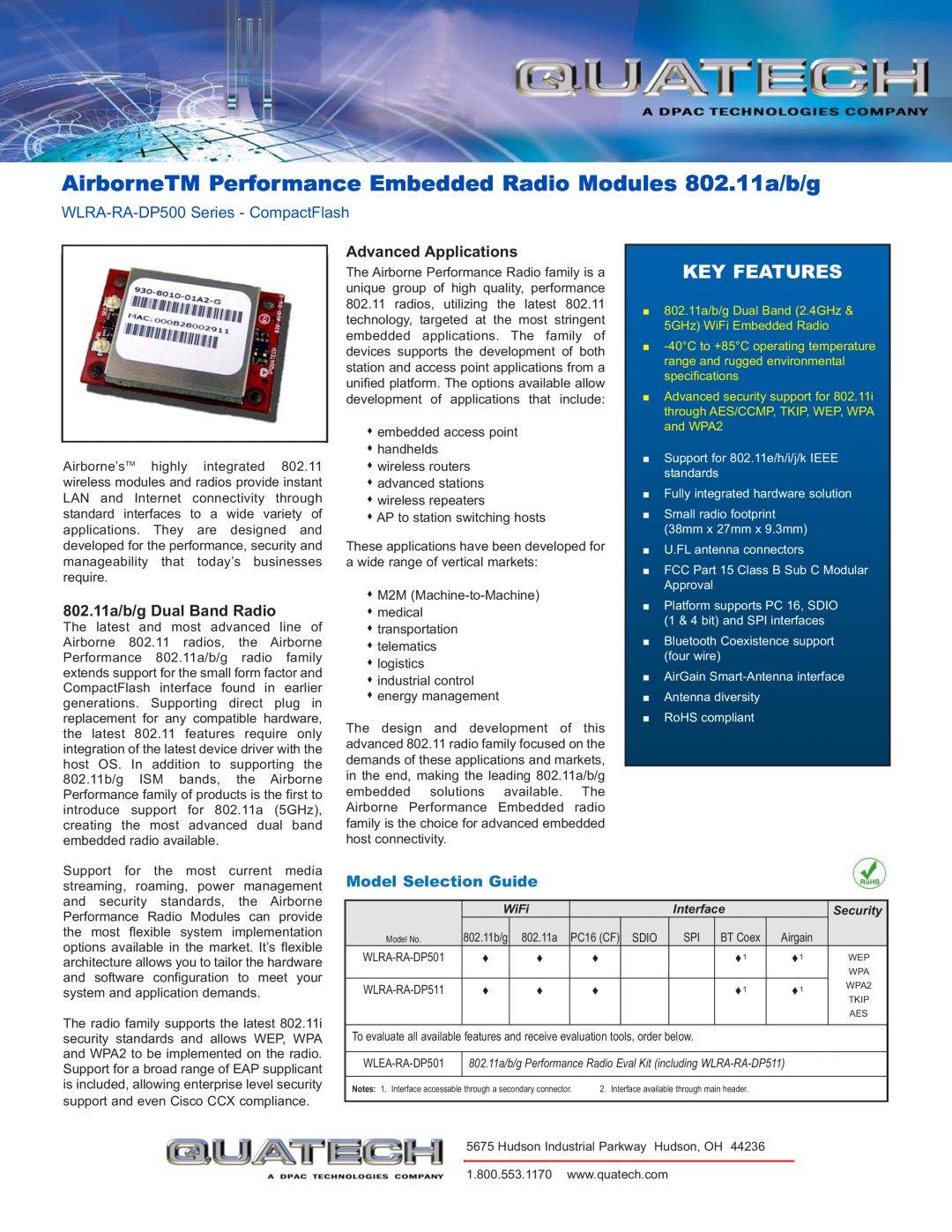 Quatech WLRA-RA-DP511 specifications Model Selection Guide, AirborneTM Performance Embedded Radio Modules 802.11a/b/g 