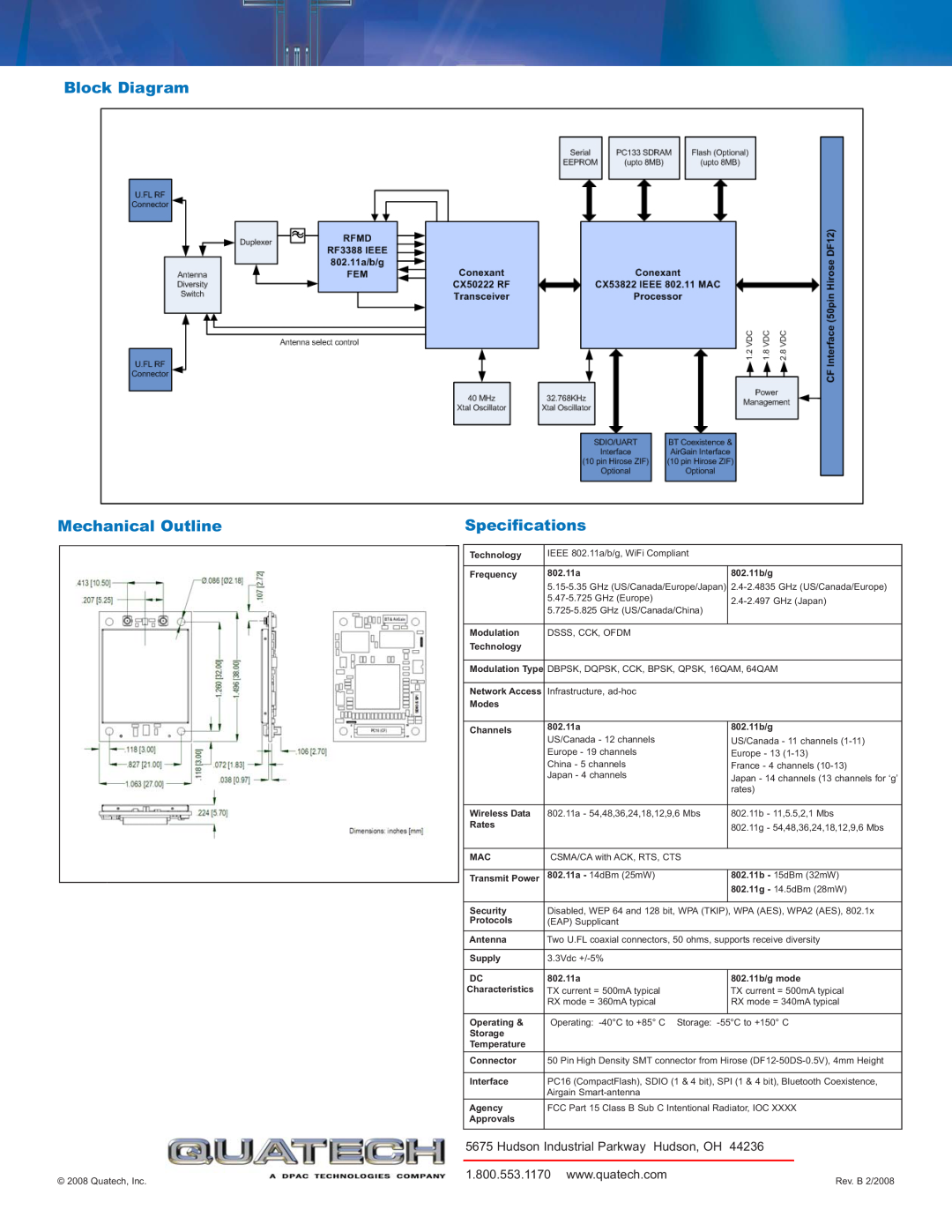 Quatech WLEA-RA-DP501 Block Diagram, Mechanical Outline, Specifications, Hudson Industrial Parkway Hudson, OH, 44236 