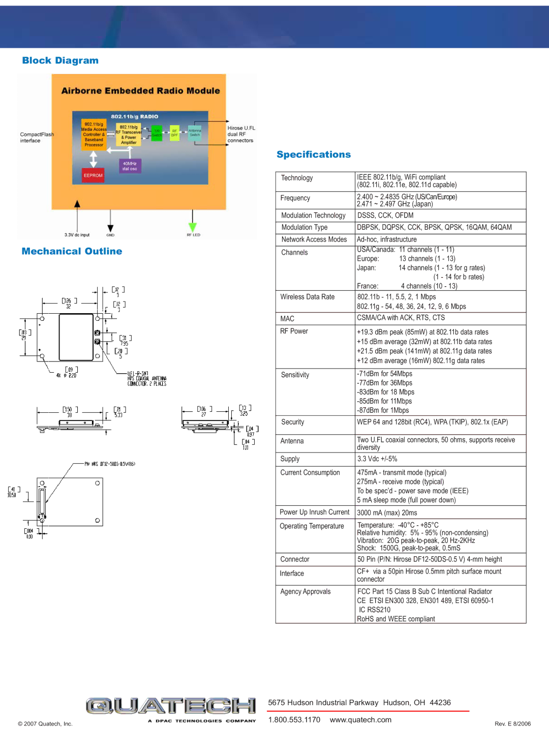 Quatech WLRG-RA-DP100, WLRB-RA-DP100 Block Diagram Mechanical Outline Specifications, DSSS, CCK, Ofdm, Mac, IC RSS210 