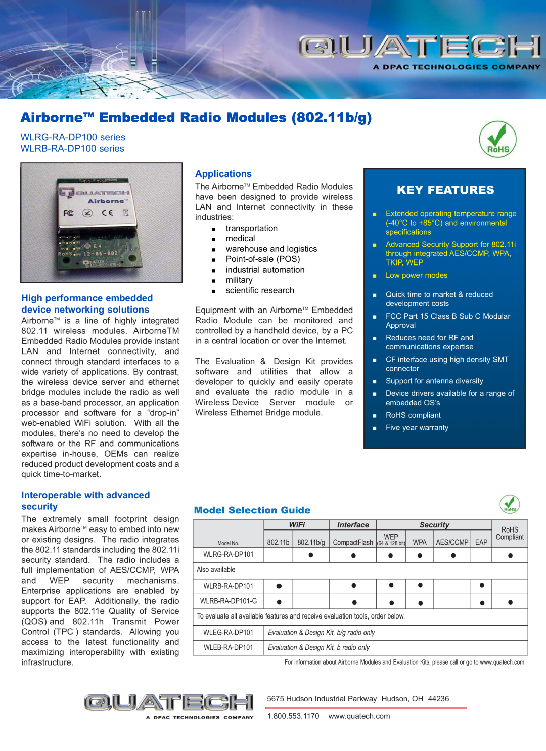 Quatech WLRB-RA-DP100 specifications Model Selection Guide, AirborneTM Embedded Radio Modules 802.11b/g, Key Features 