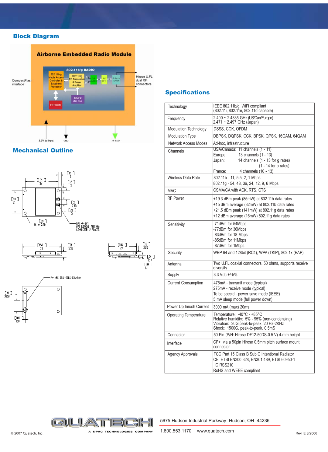 Quatech WLRG-RA-DP100, WLRB-RA-DP100 specifications Block Diagram Mechanical Outline, Specifications 