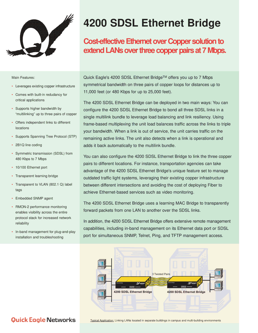 Quick Eagle Networks 4200 SDSL manual Sdsl Ethernet Bridge 