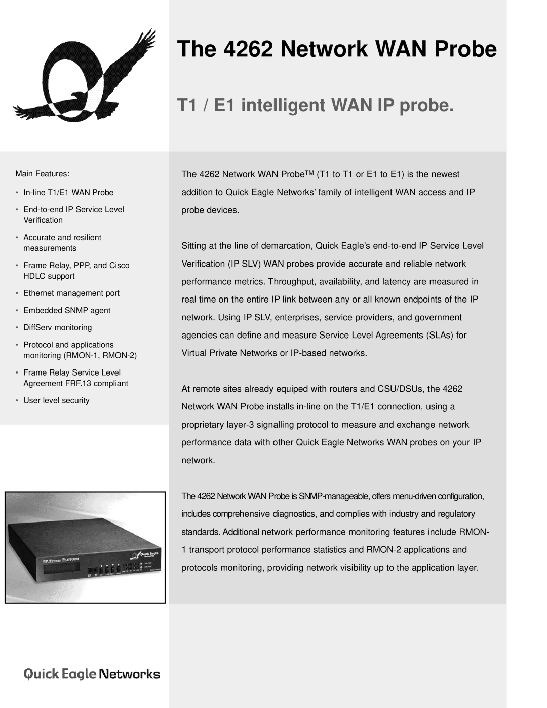 Quick Eagle Networks manual The 4262 Network WAN Probe, T1 / E1 intelligent WAN IP probe 