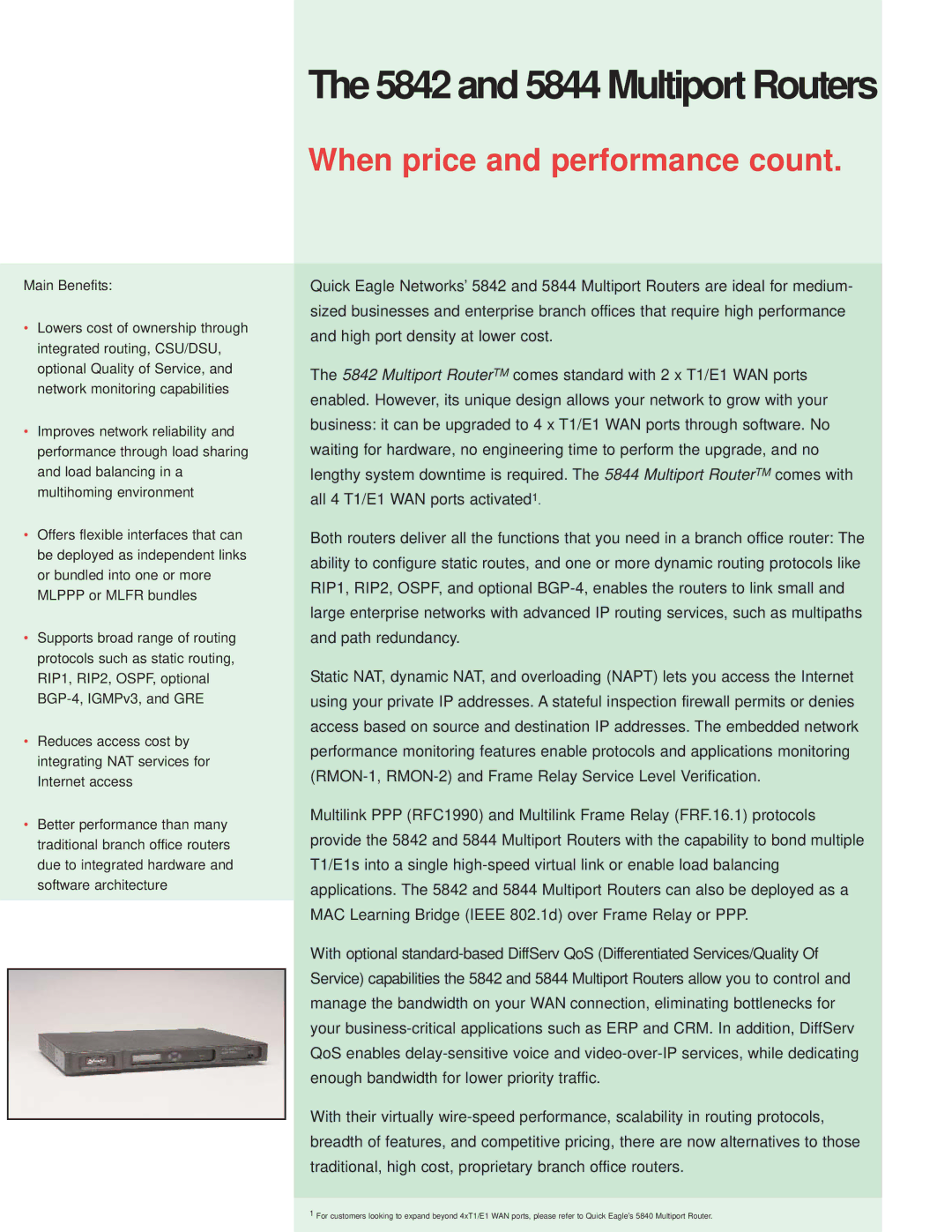 Quick Eagle Networks 5842 manual and 5844 Multiport Routers, When price and performance count 