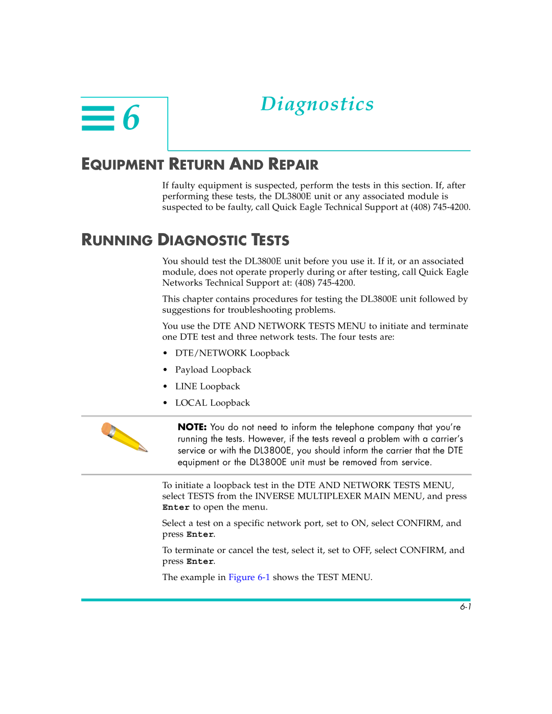Quick Eagle Networks DL3800E manual Diagnostics, Equipment Return and Repair, Running Diagnostic Tests 