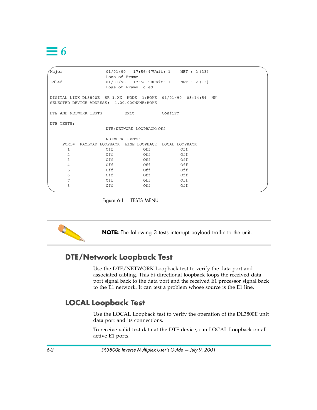 Quick Eagle Networks DL3800E manual DTE/Network Loopback Test, Local Loopback Test, Tests Menu 