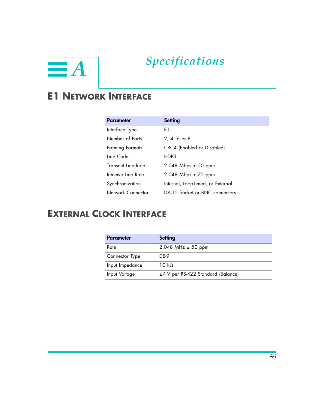 Quick Eagle Networks DL3800E manual Specifications, E1 Network Interface, External Clock Interface, Parameter Setting, HDB3 