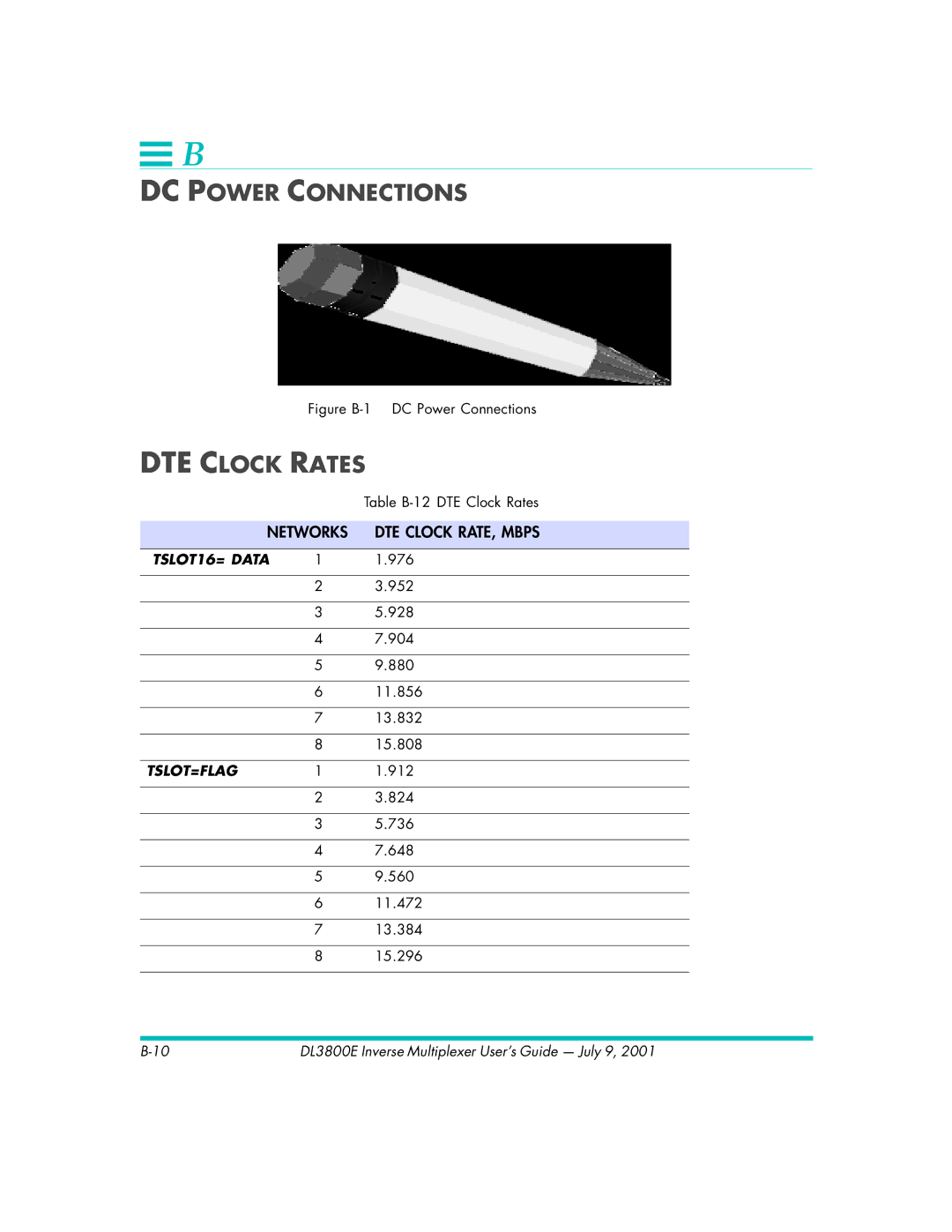 Quick Eagle Networks DL3800E manual DC Power Connections, DTE Clock Rates 