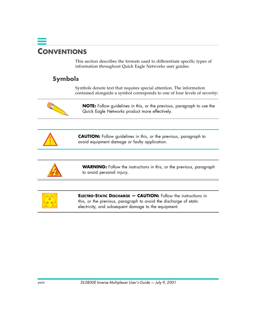 Quick Eagle Networks DL3800E manual Conventions, Symbols 