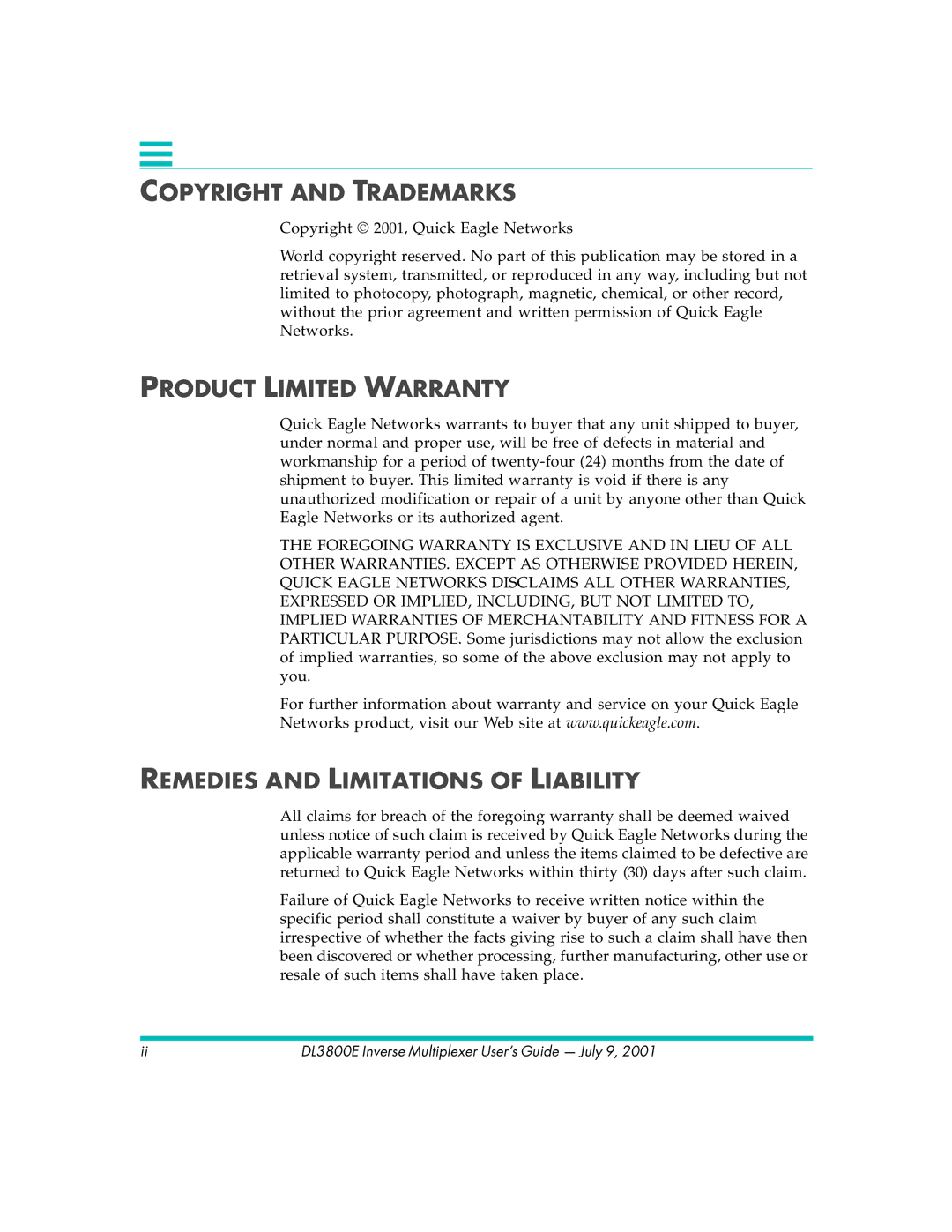 Quick Eagle Networks DL3800E Copyright and Trademarks, Product Limited Warranty, Remedies and Limitations of Liability 