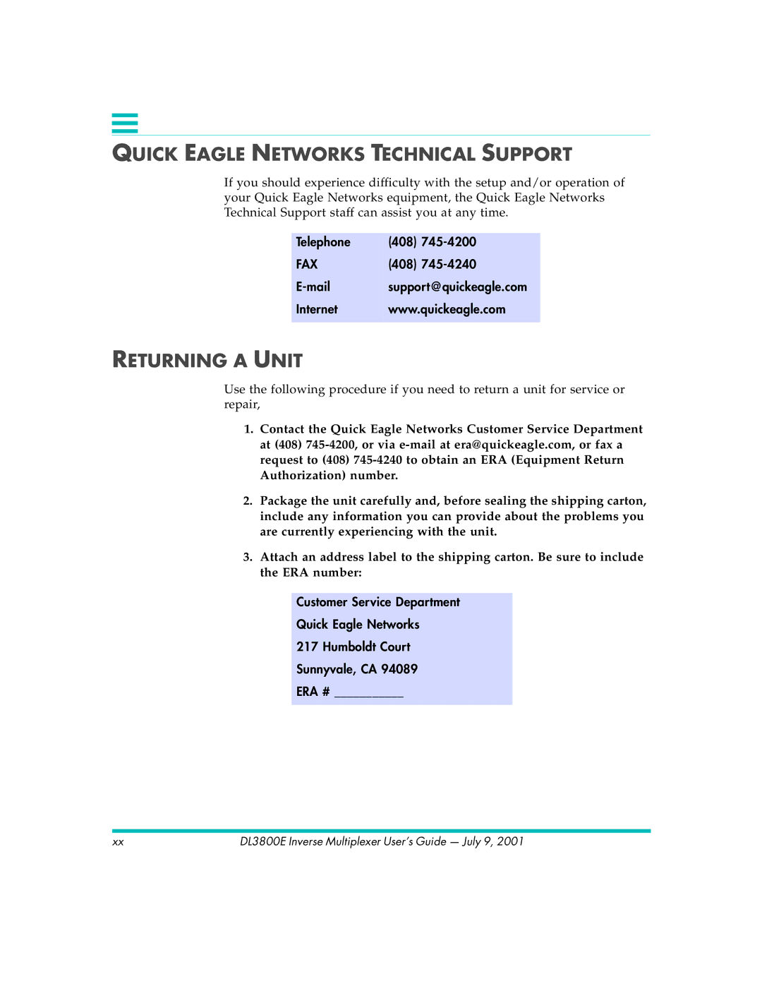 Quick Eagle Networks DL3800E manual Quick Eagle Networks Technical Support, Returning a Unit, Telephone 408 