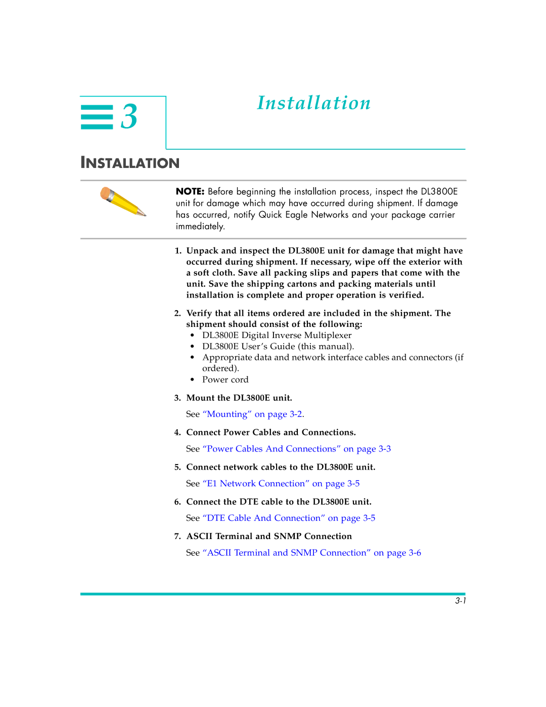 Quick Eagle Networks DL3800E manual Installation 